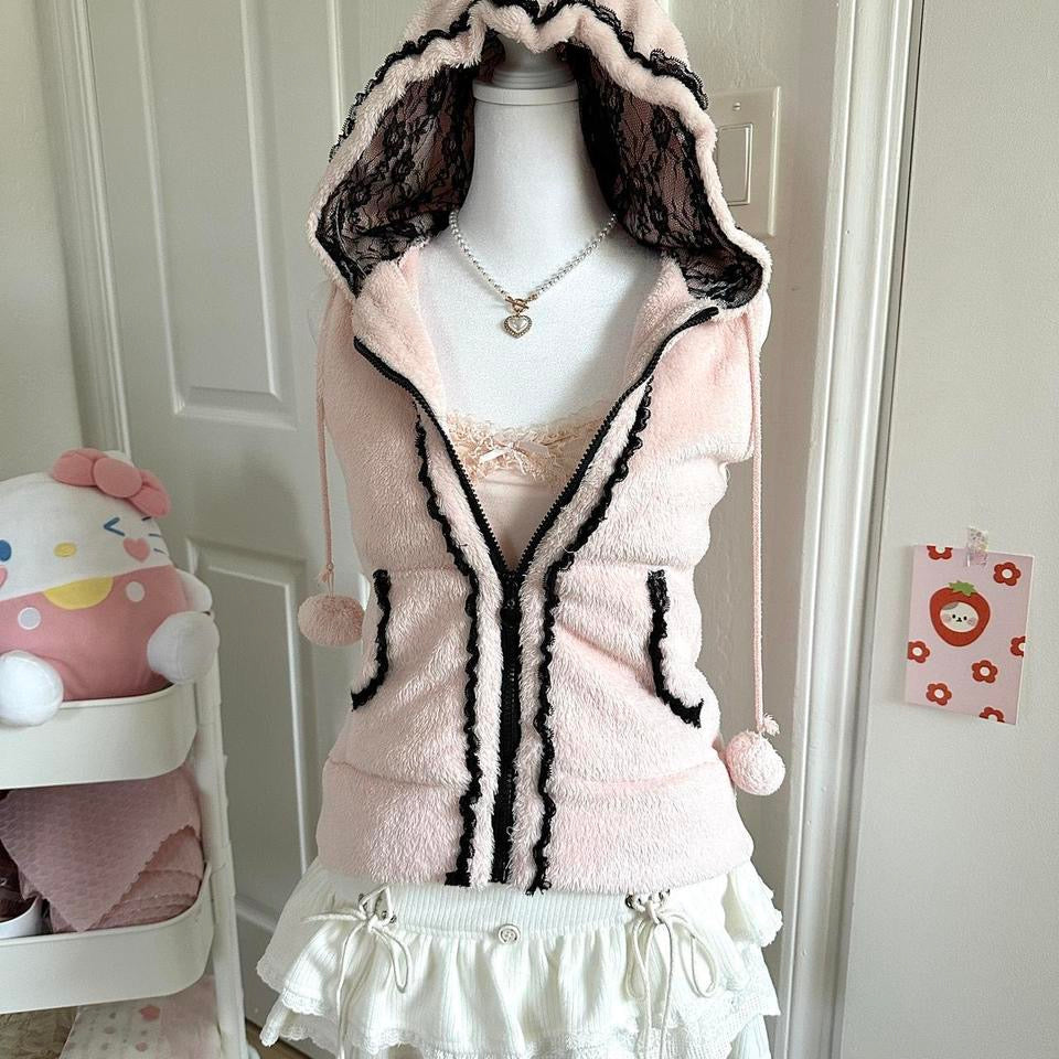 cutest pink fluffy black lace hooded pom pom zip up vest