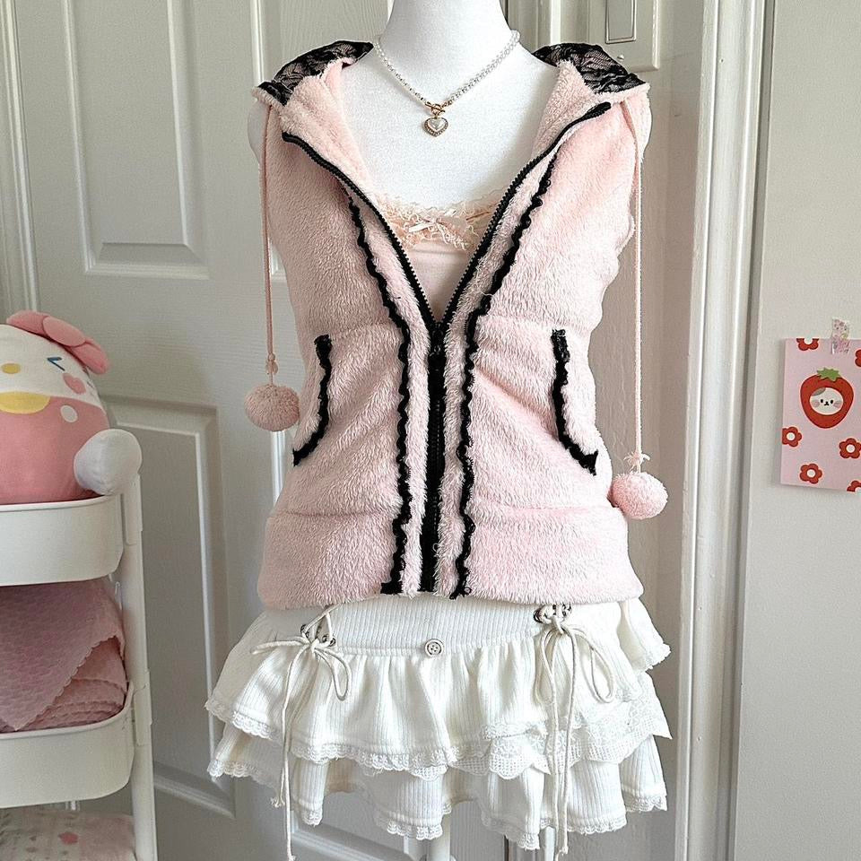 cutest pink fluffy black lace hooded pom pom zip up vest