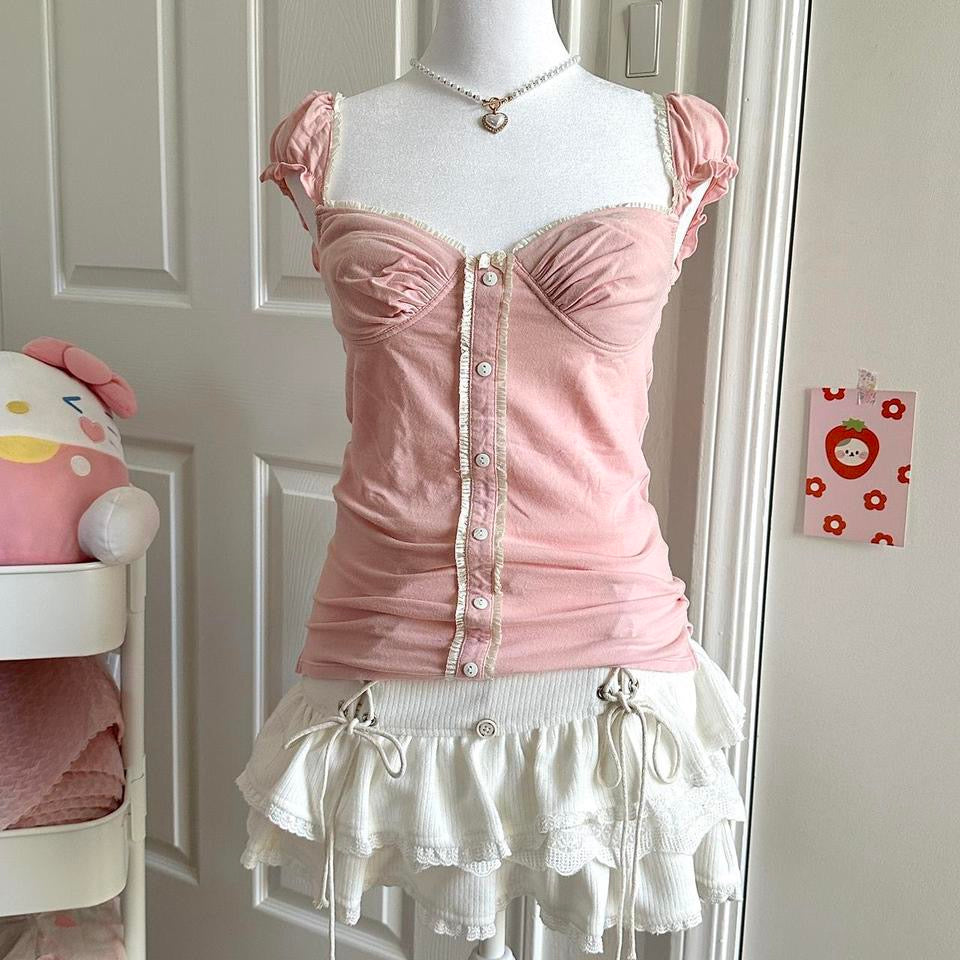 pink & cream button up ruffled milkmaid top ☆