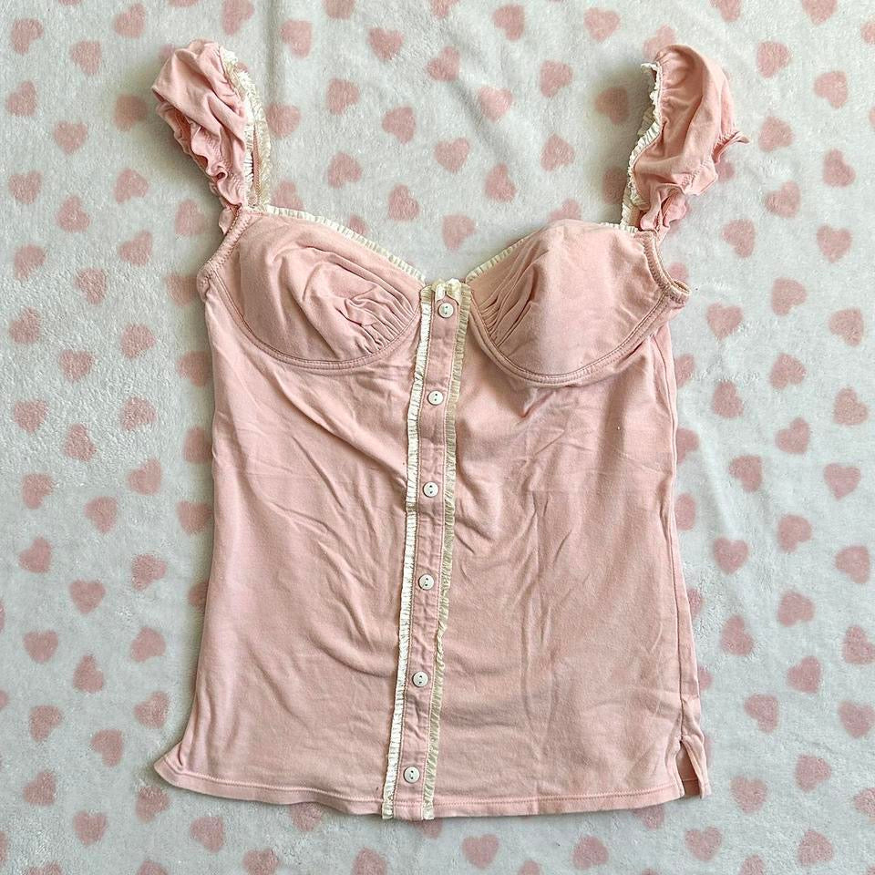 pink & cream button up ruffled milkmaid top ☆