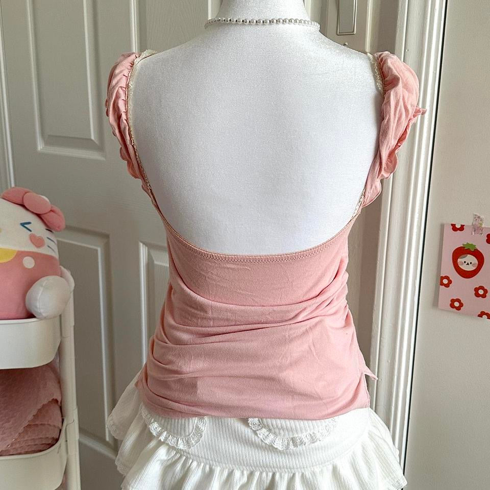 pink & cream button up ruffled milkmaid top ☆