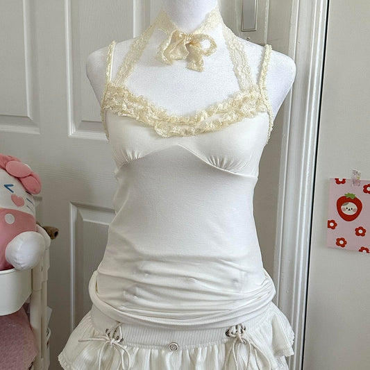 white halter camisole top w cream lace ☆