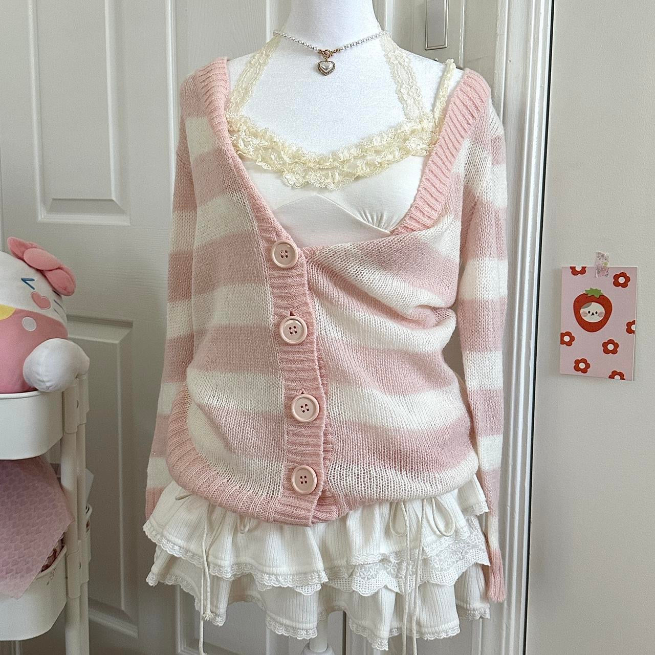 pink & cream knitted iridescent oversized buttoned cardigan sweater ☆