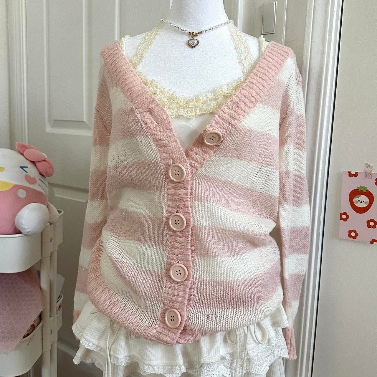 pink & cream knitted iridescent oversized buttoned cardigan sweater ☆