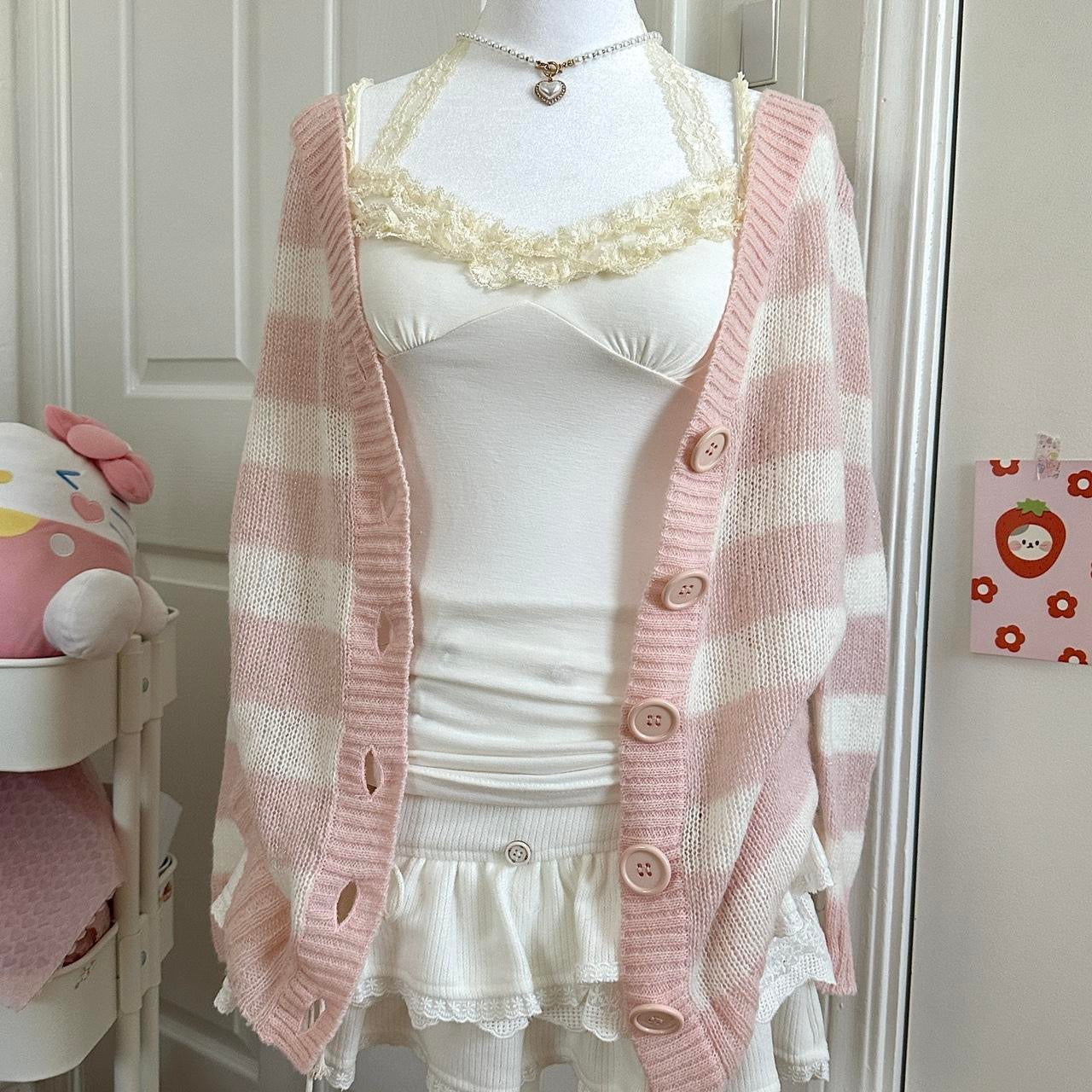 pink & cream knitted iridescent oversized buttoned cardigan sweater ☆