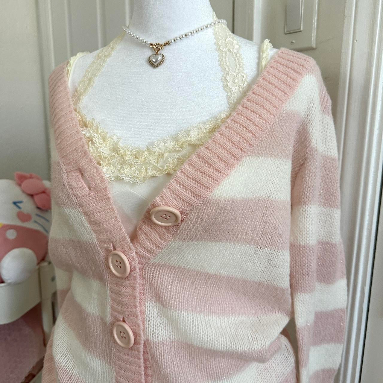 pink & cream knitted iridescent oversized buttoned cardigan sweater ☆