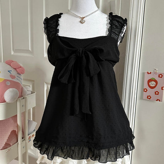 black silky ruffle ribbon polkadot cami top ☆