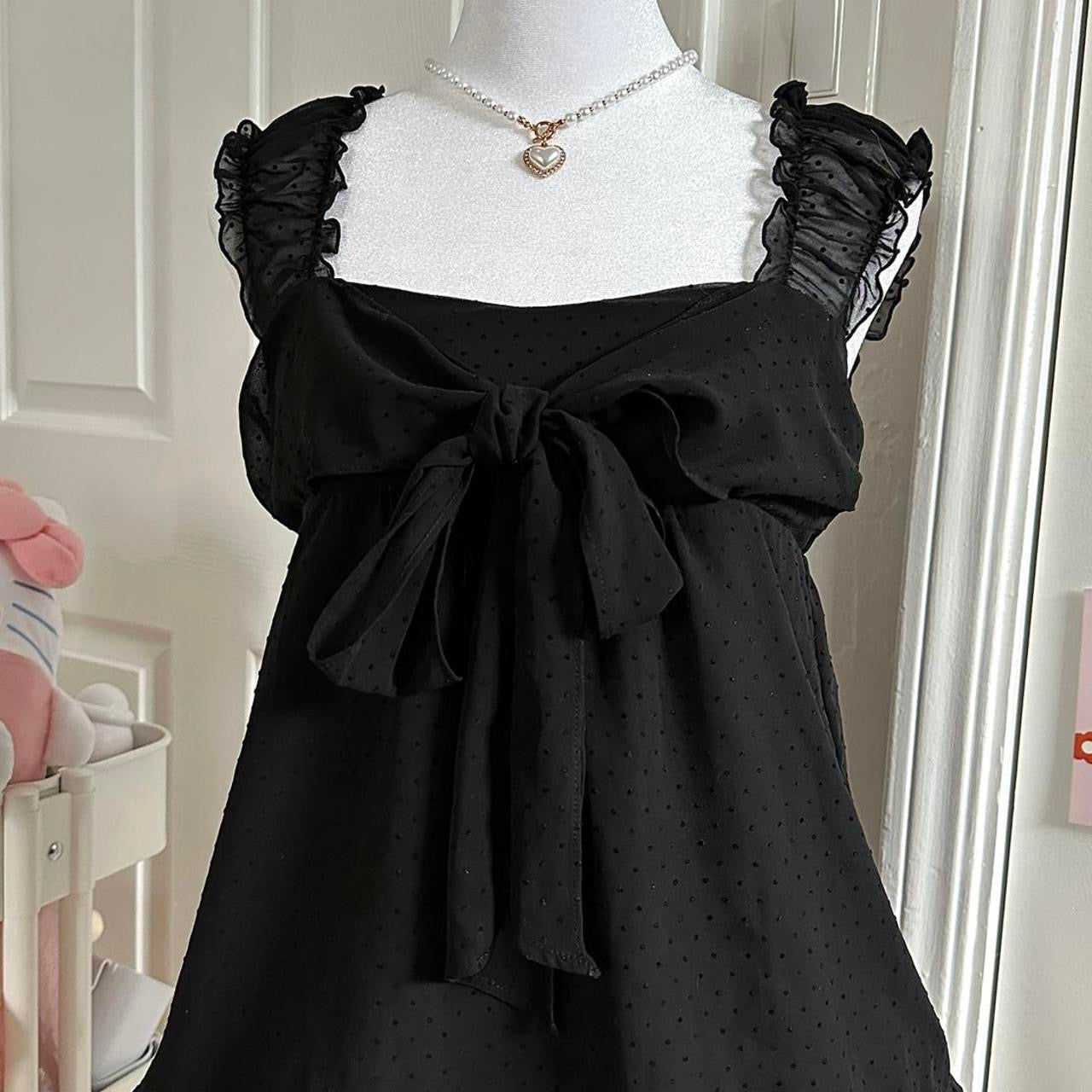 black silky ruffle ribbon polkadot cami top ☆