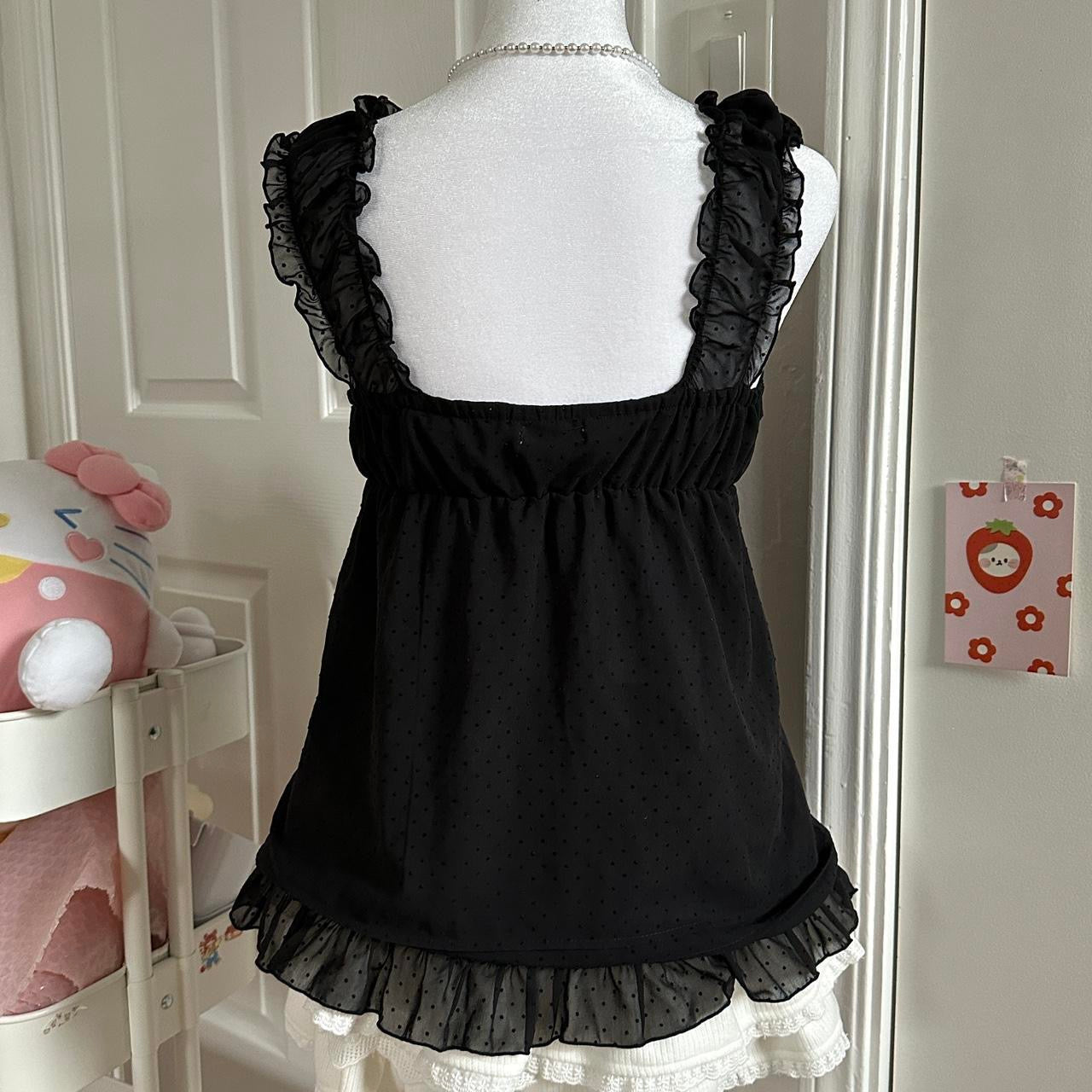 black silky ruffle ribbon polkadot cami top ☆