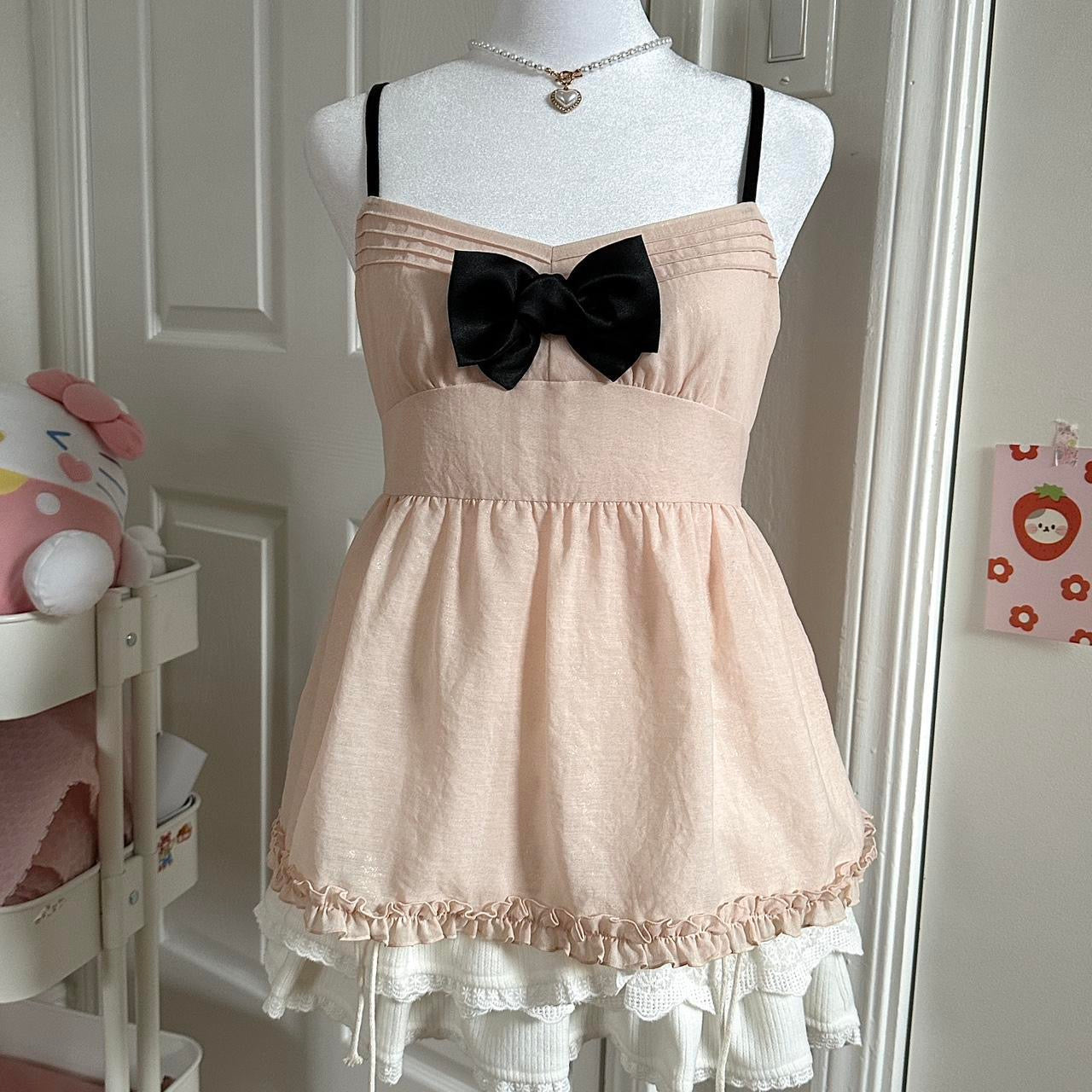 barbie light pink babydoll camisole w black bow ☆