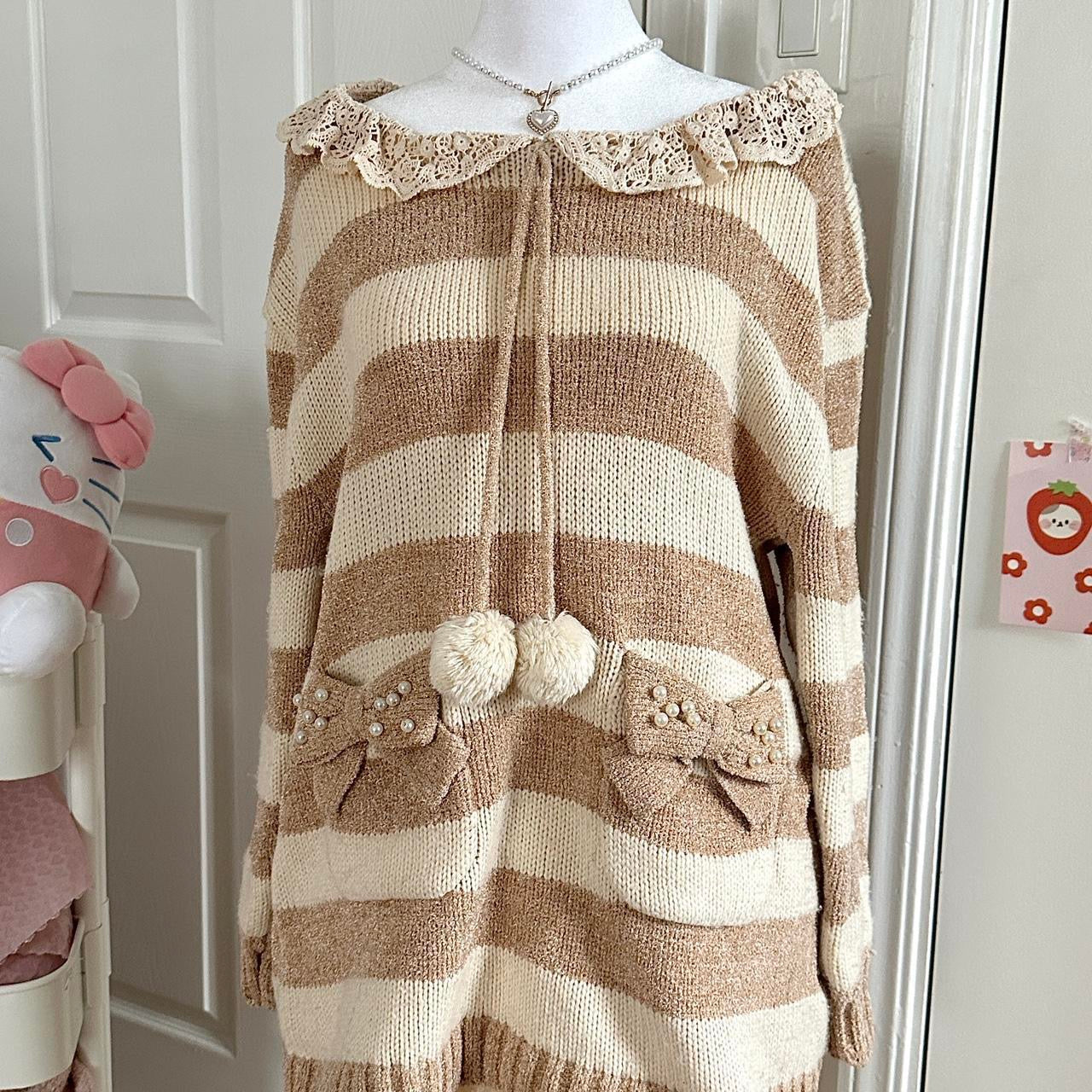 liz lisa light brown & cream striped knitted long sleeve sweater dress ☆