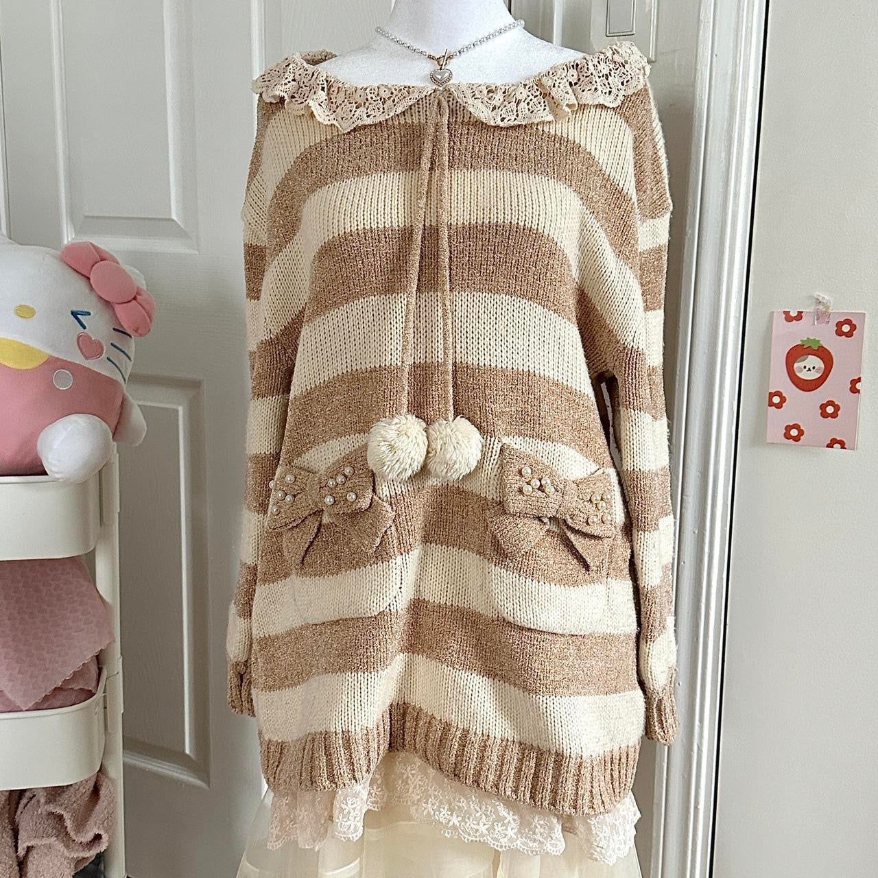 liz lisa light brown & cream striped knitted long sleeve sweater dress ☆