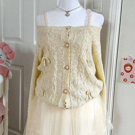 japanese cream ribbed ribbon cardigan ☆