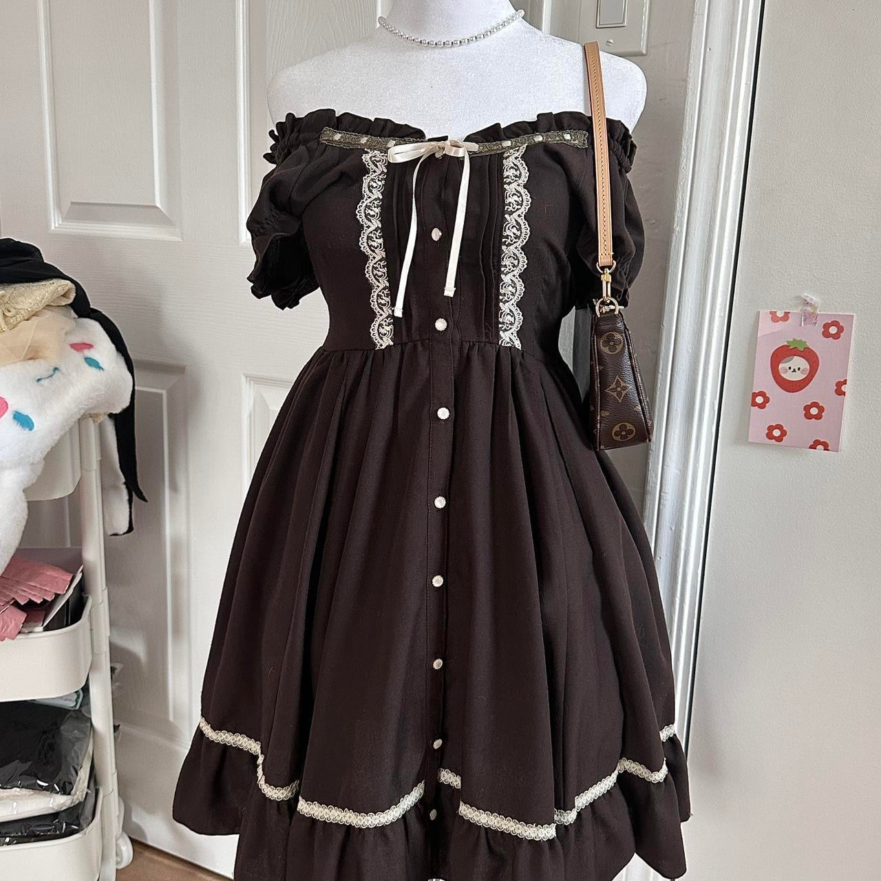 brown milkmaid style puffy sleeve lace dress ☆