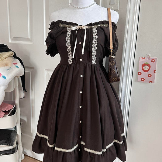 brown milkmaid style puffy sleeve lace dress ☆