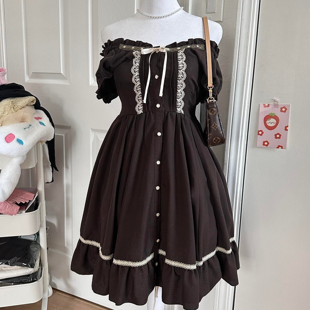 brown milkmaid style puffy sleeve lace dress ☆