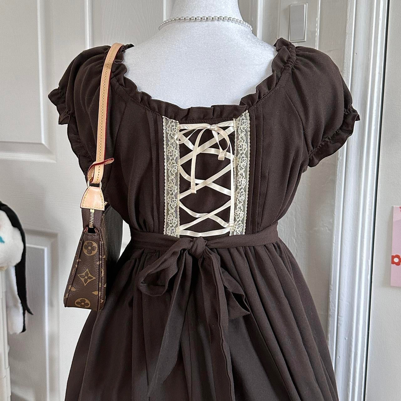 brown milkmaid style puffy sleeve lace dress ☆