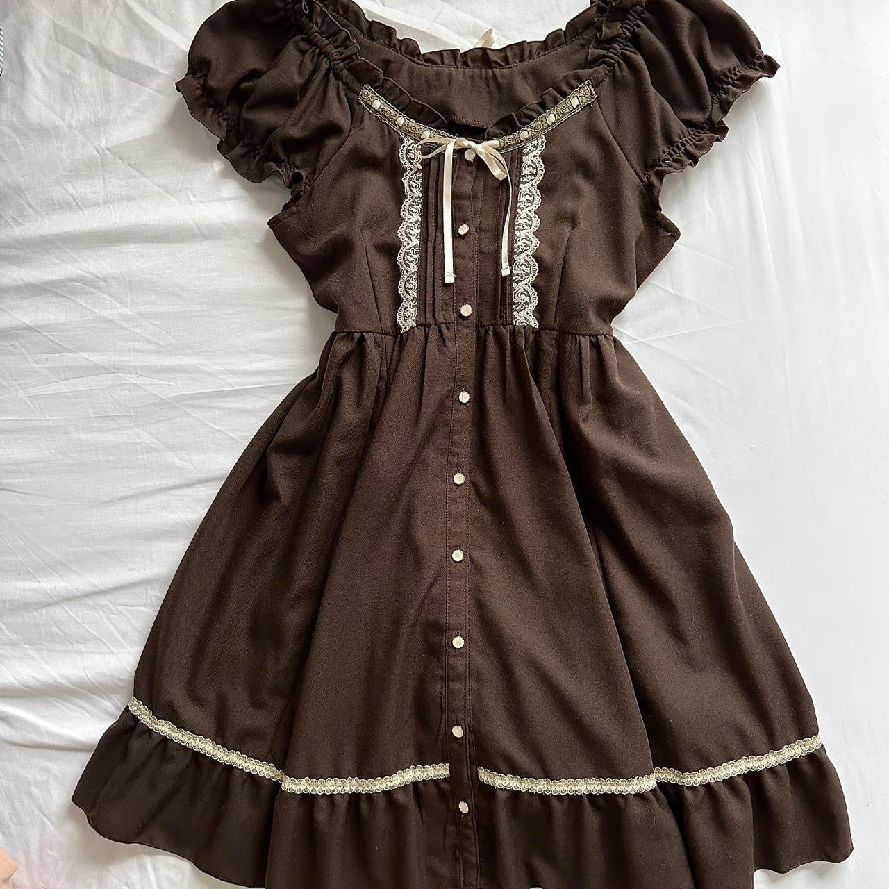 brown milkmaid style puffy sleeve lace dress ☆