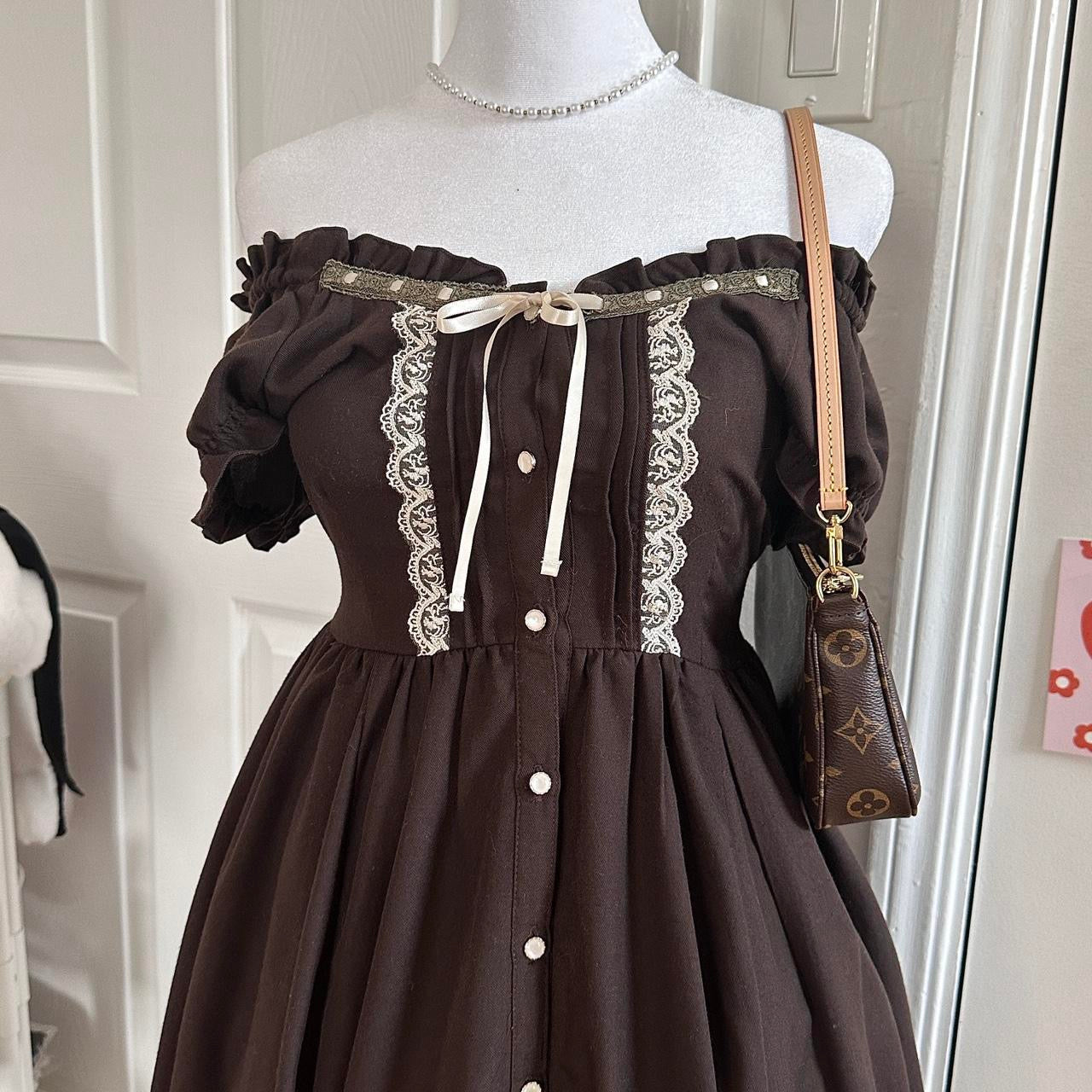 brown milkmaid style puffy sleeve lace dress ☆