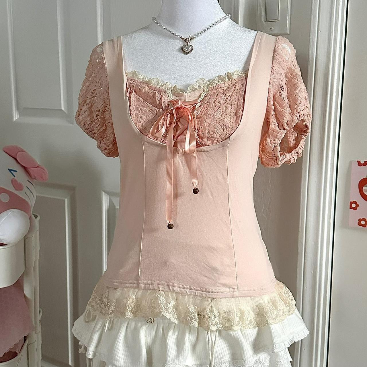 liz lisa pink deadstock lace ribbon milkmaid top ☆