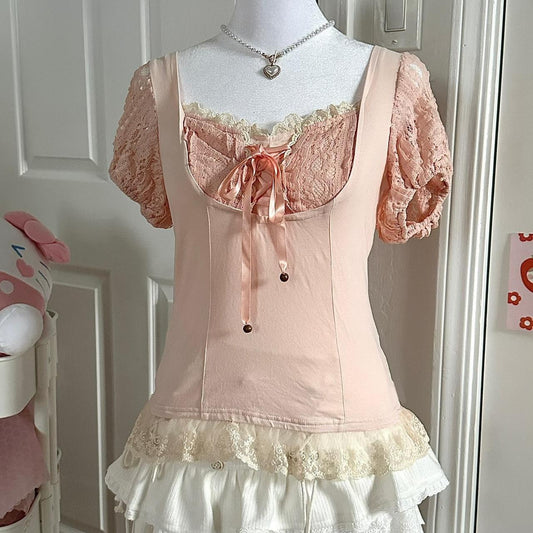 liz lisa pink deadstock lace ribbon milkmaid top ☆