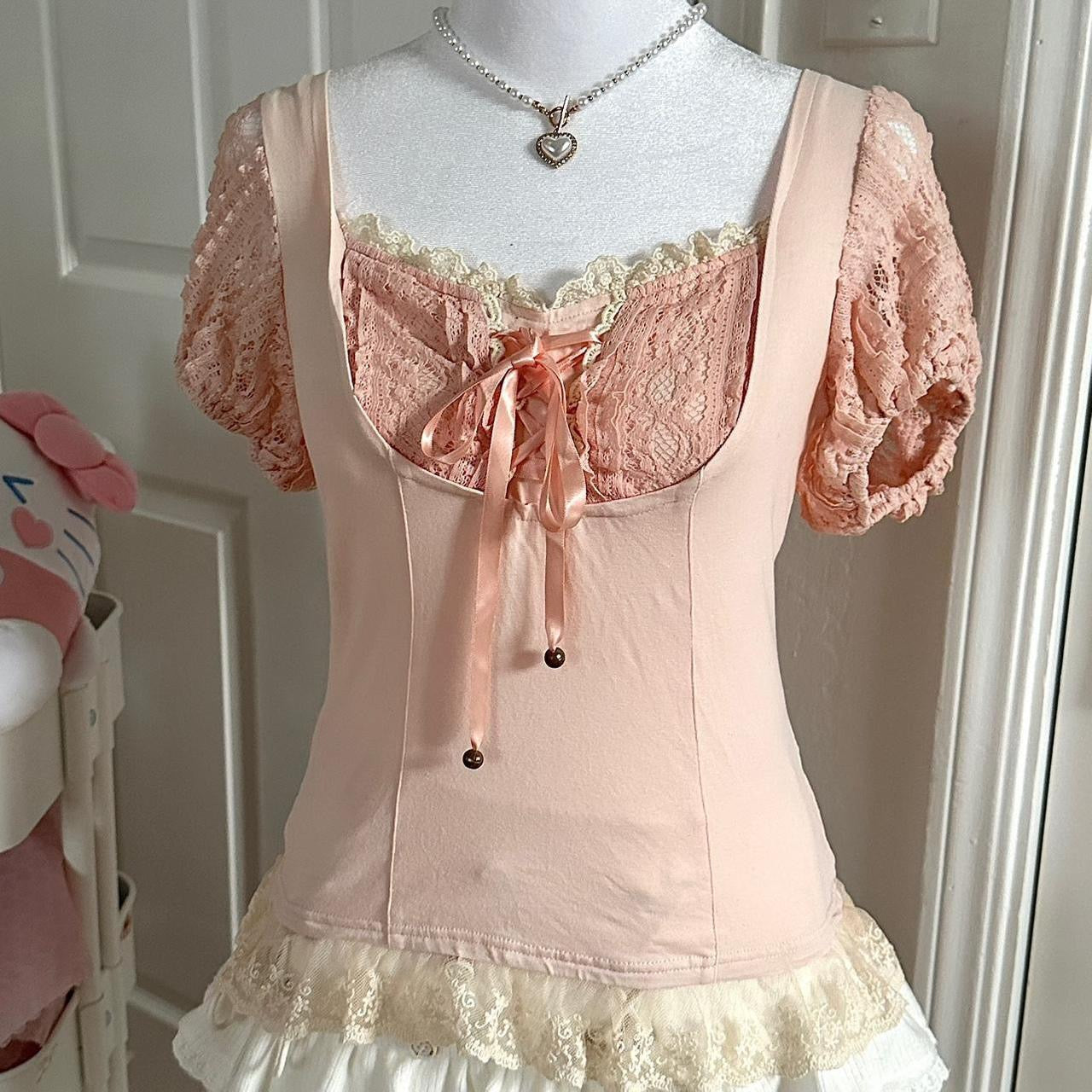 liz lisa pink deadstock lace ribbon milkmaid top ☆