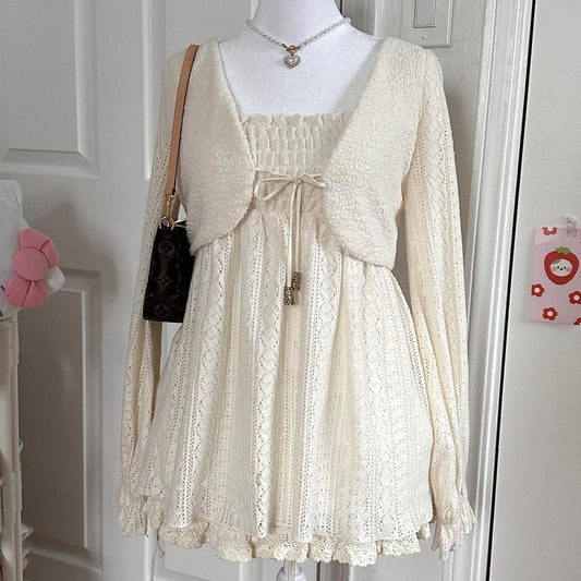 liz lisa cream knitted longsleeve dress w fluffy vest ♡