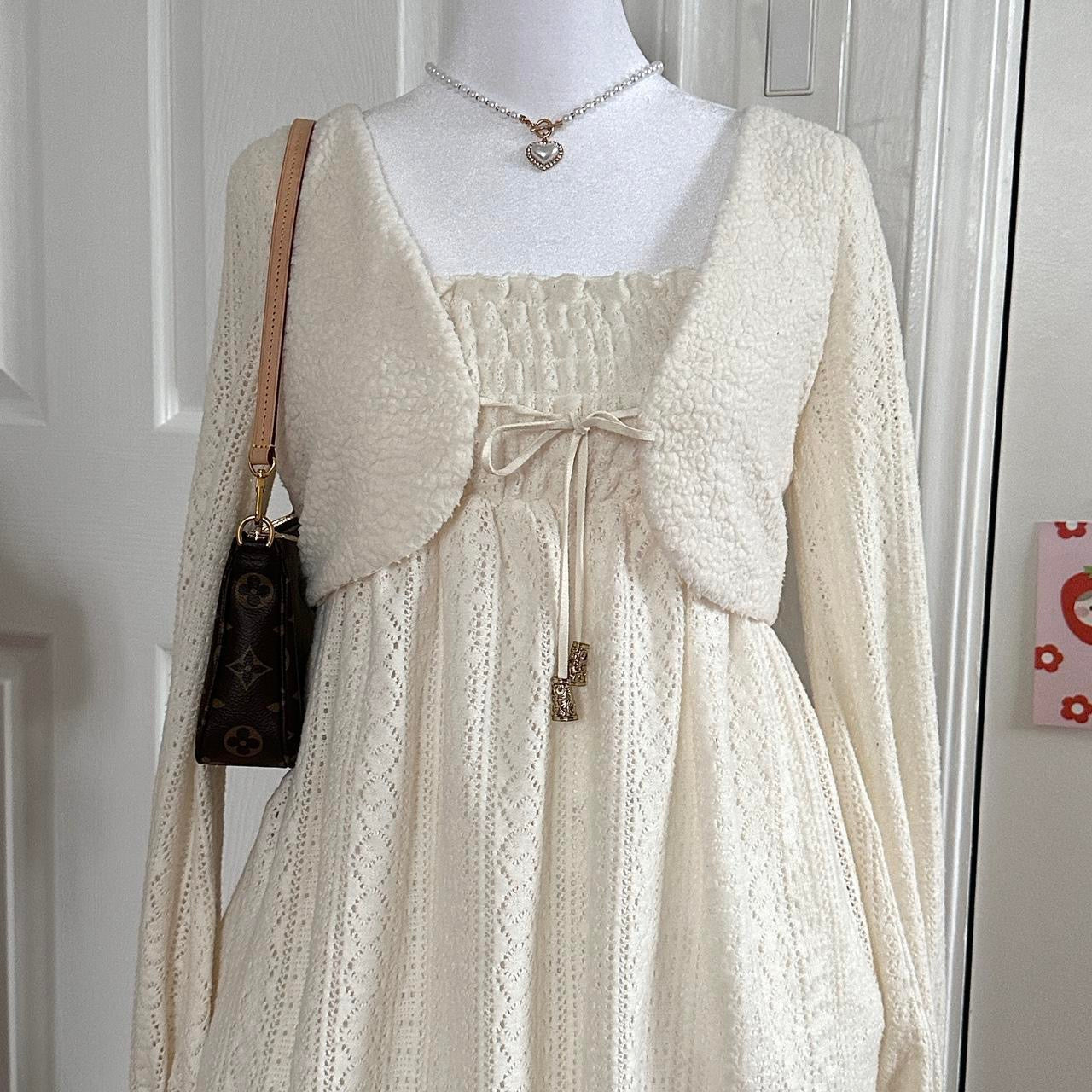 liz lisa cream knitted longsleeve dress w fluffy vest ♡