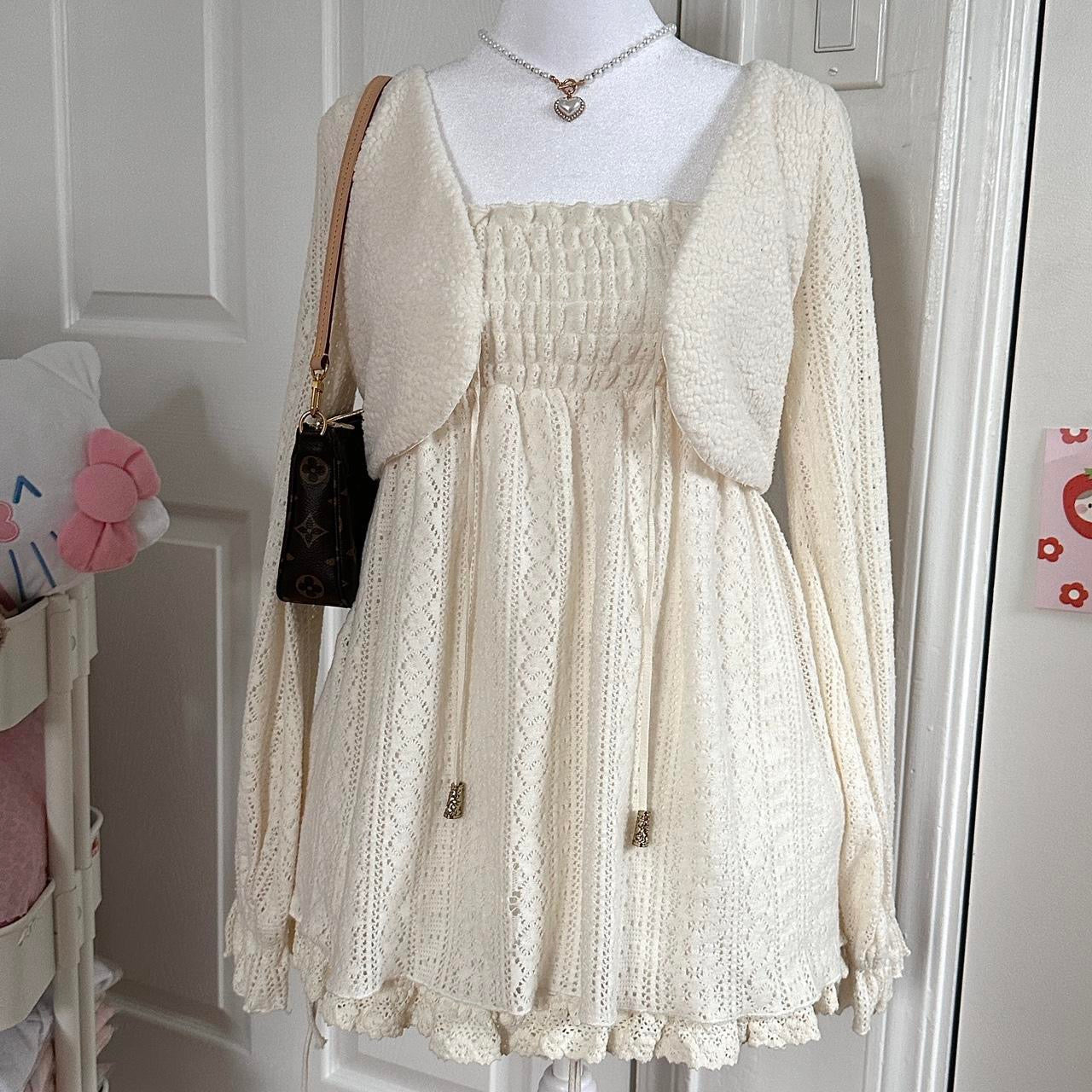 liz lisa cream knitted longsleeve dress w fluffy vest ♡