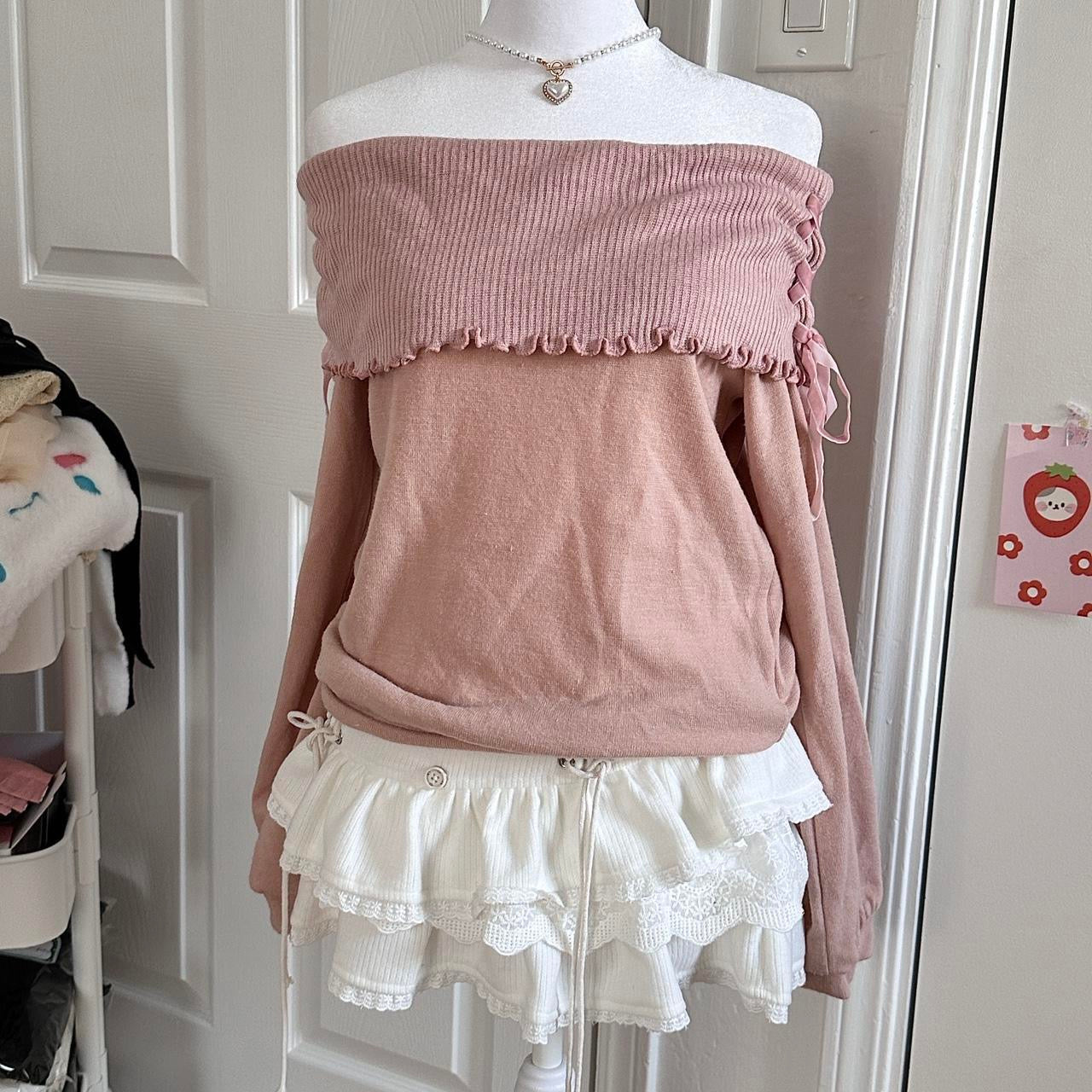 japanese pink ribbon off shoulder long sleeve ☆