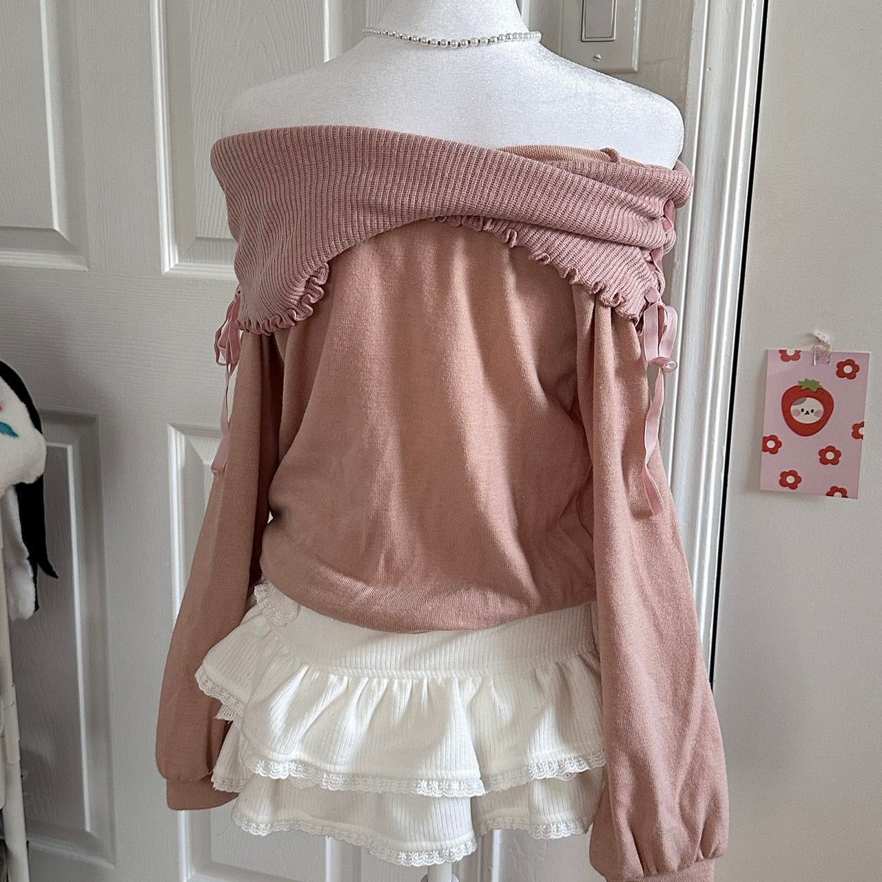 japanese pink ribbon off shoulder long sleeve ☆