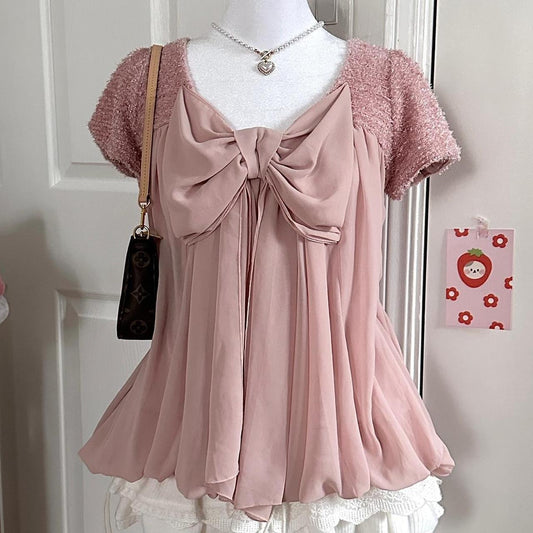 deadstock japanese muted pink silky ribbon babydoll blouse ☆