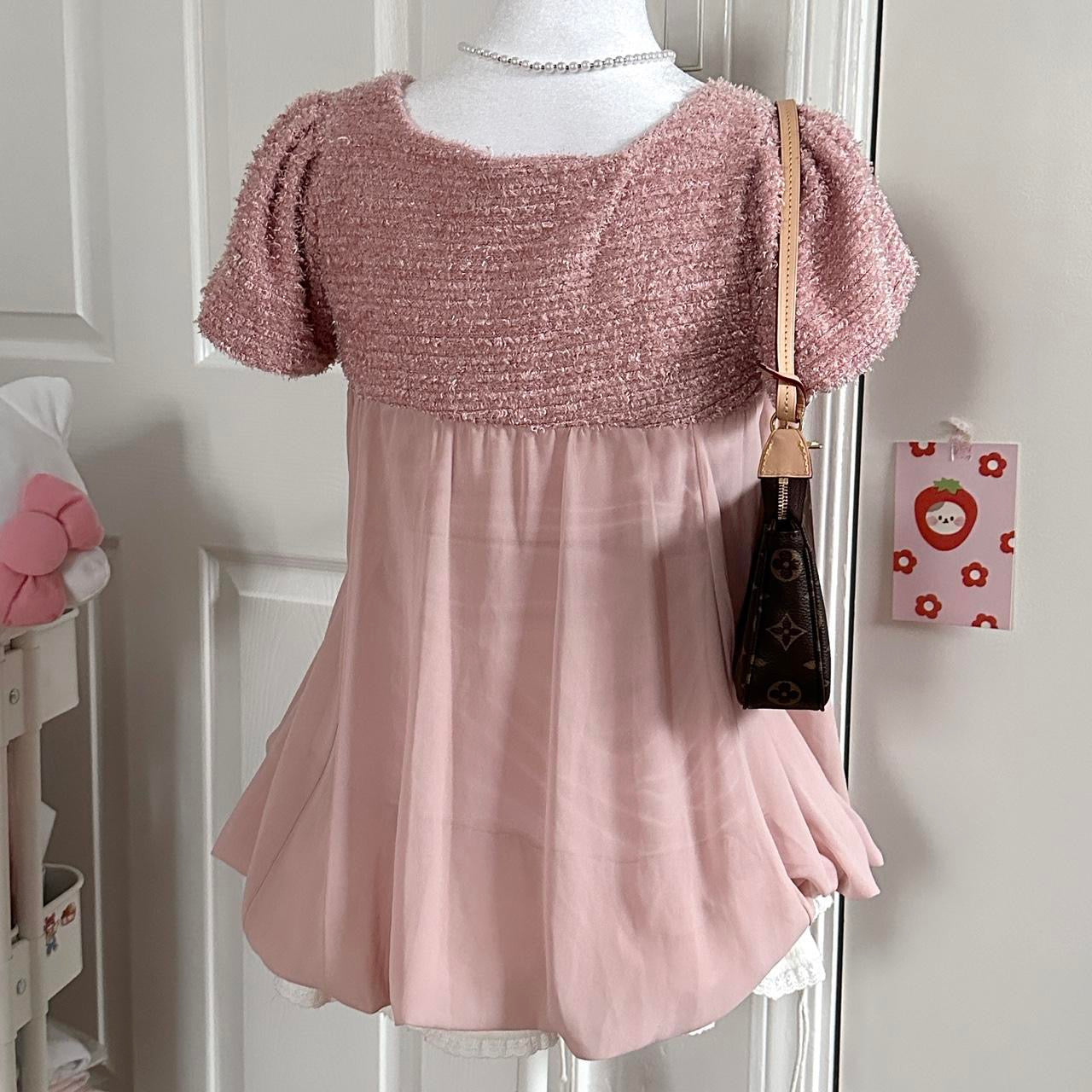 deadstock japanese muted pink silky ribbon babydoll blouse ☆