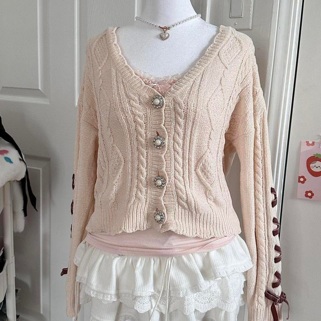 pinkish cream knitted ribbed ribbon cardigan ☆