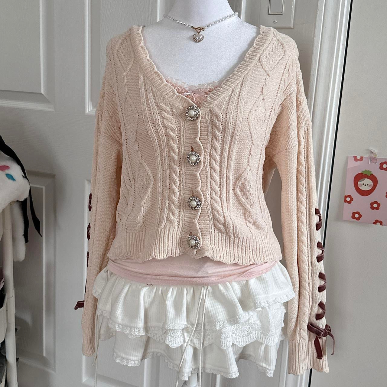 pinkish cream knitted ribbed ribbon cardigan ☆