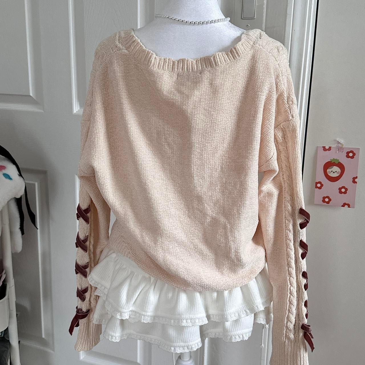 pinkish cream knitted ribbed ribbon cardigan ☆