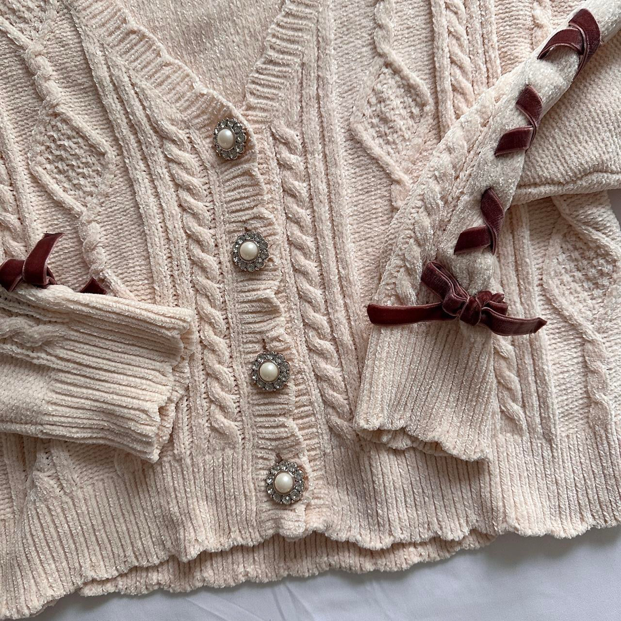 pinkish cream knitted ribbed ribbon cardigan ☆