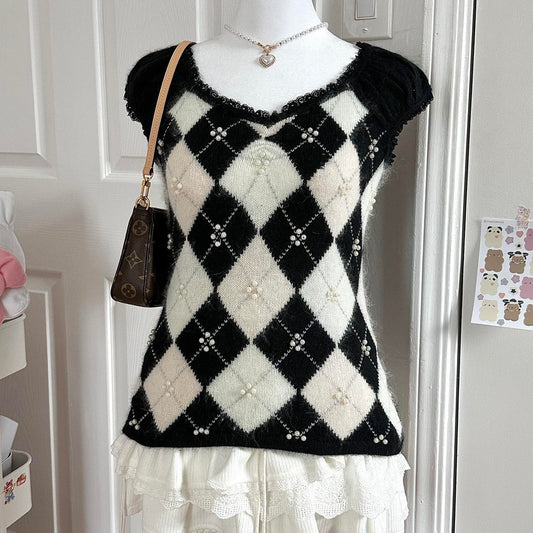 black angora lace pastel argyle top ☆