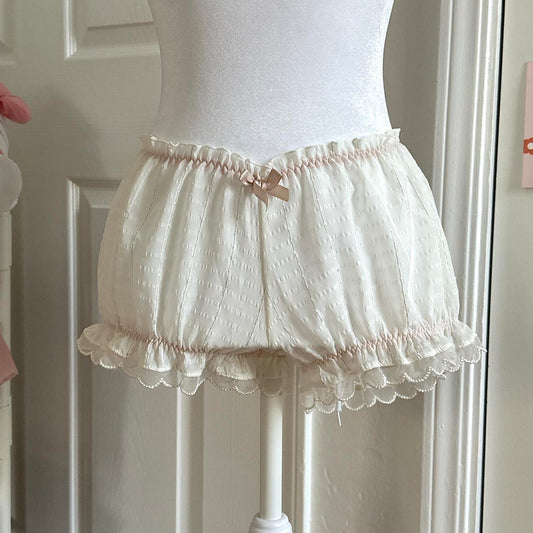 japanese brand white silky ruffle shorts w pink elastic ☆