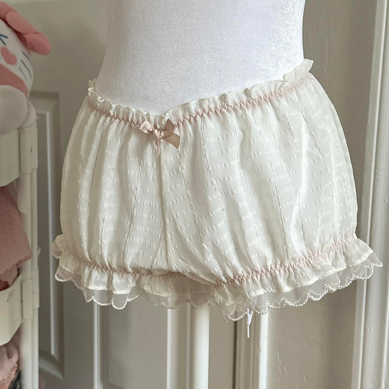 japanese brand white silky ruffle shorts w pink elastic ☆