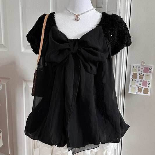 deadstock japanese black silky ribbon babydoll blouse ☆