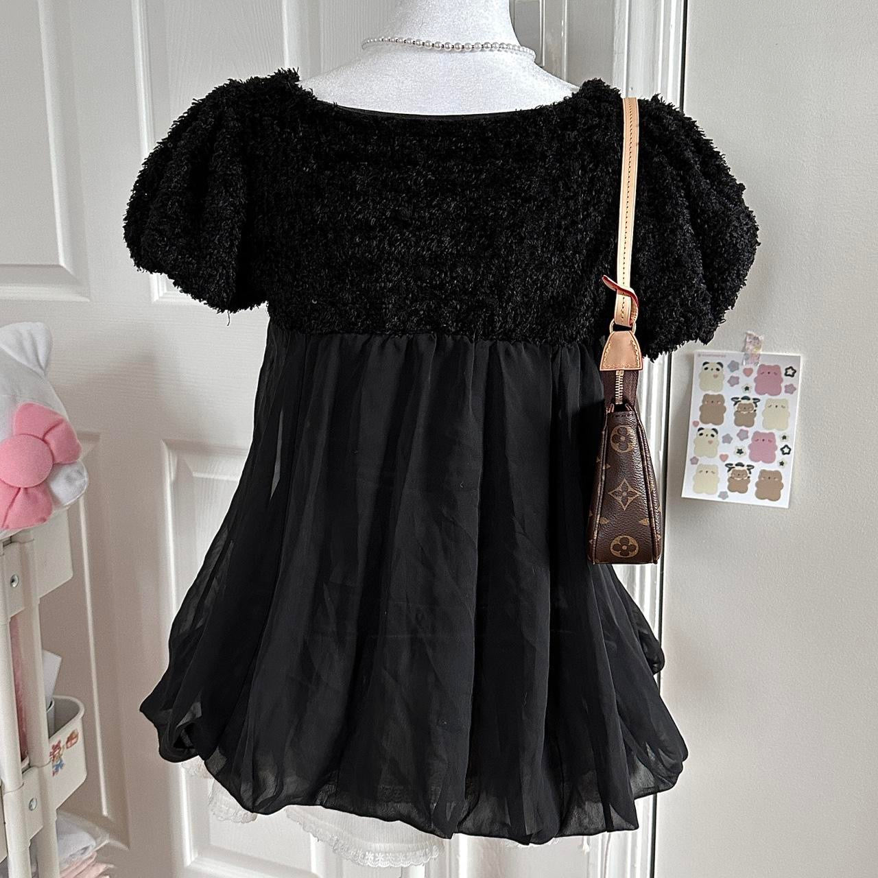 deadstock japanese black silky ribbon babydoll blouse ☆