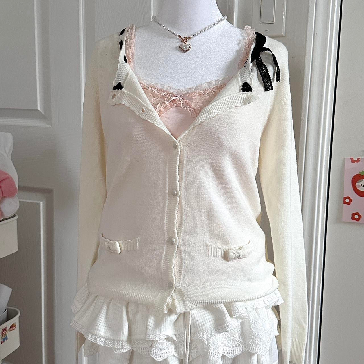 white & black ribbon knitted ribbed cardigan ☆