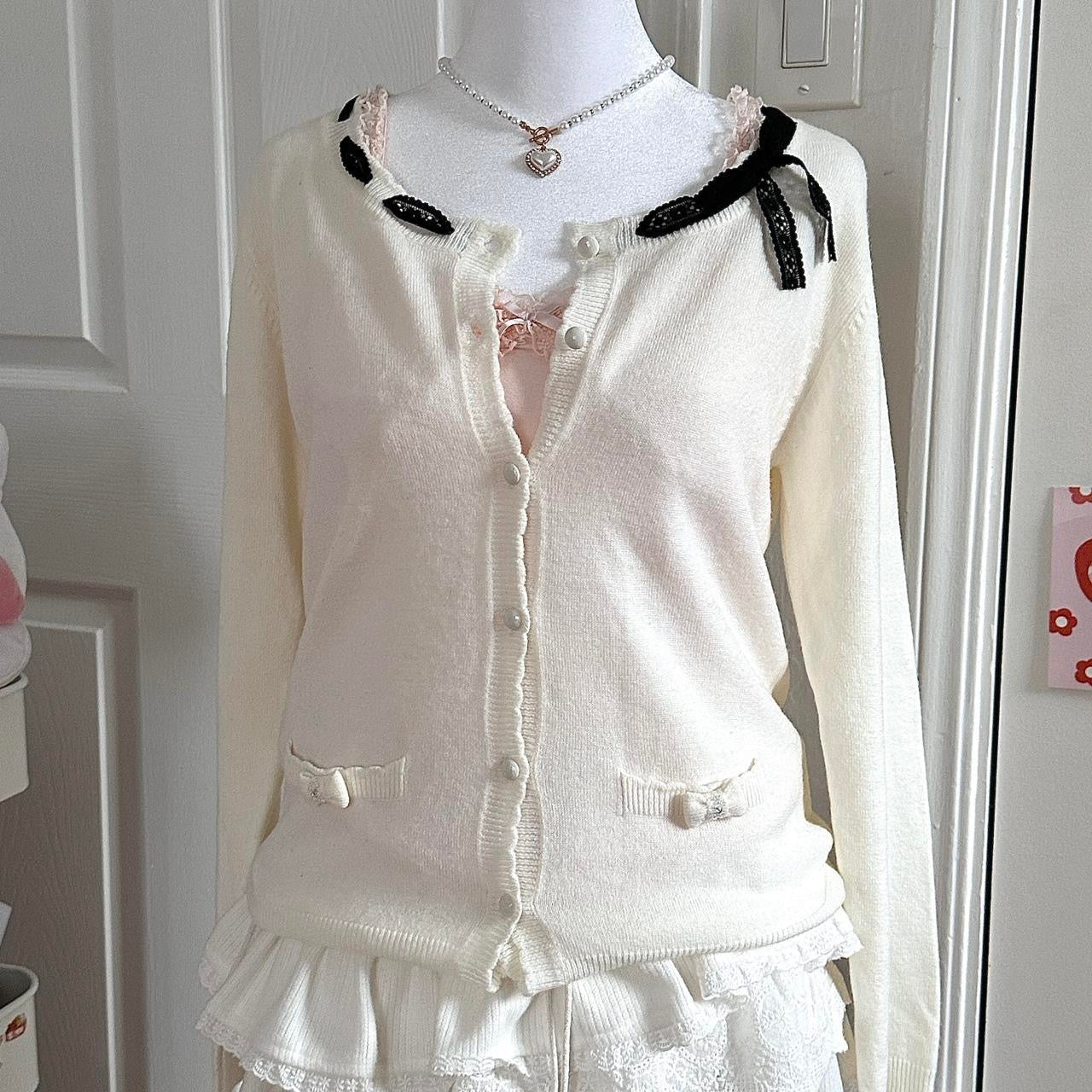 white & black ribbon knitted ribbed cardigan ☆