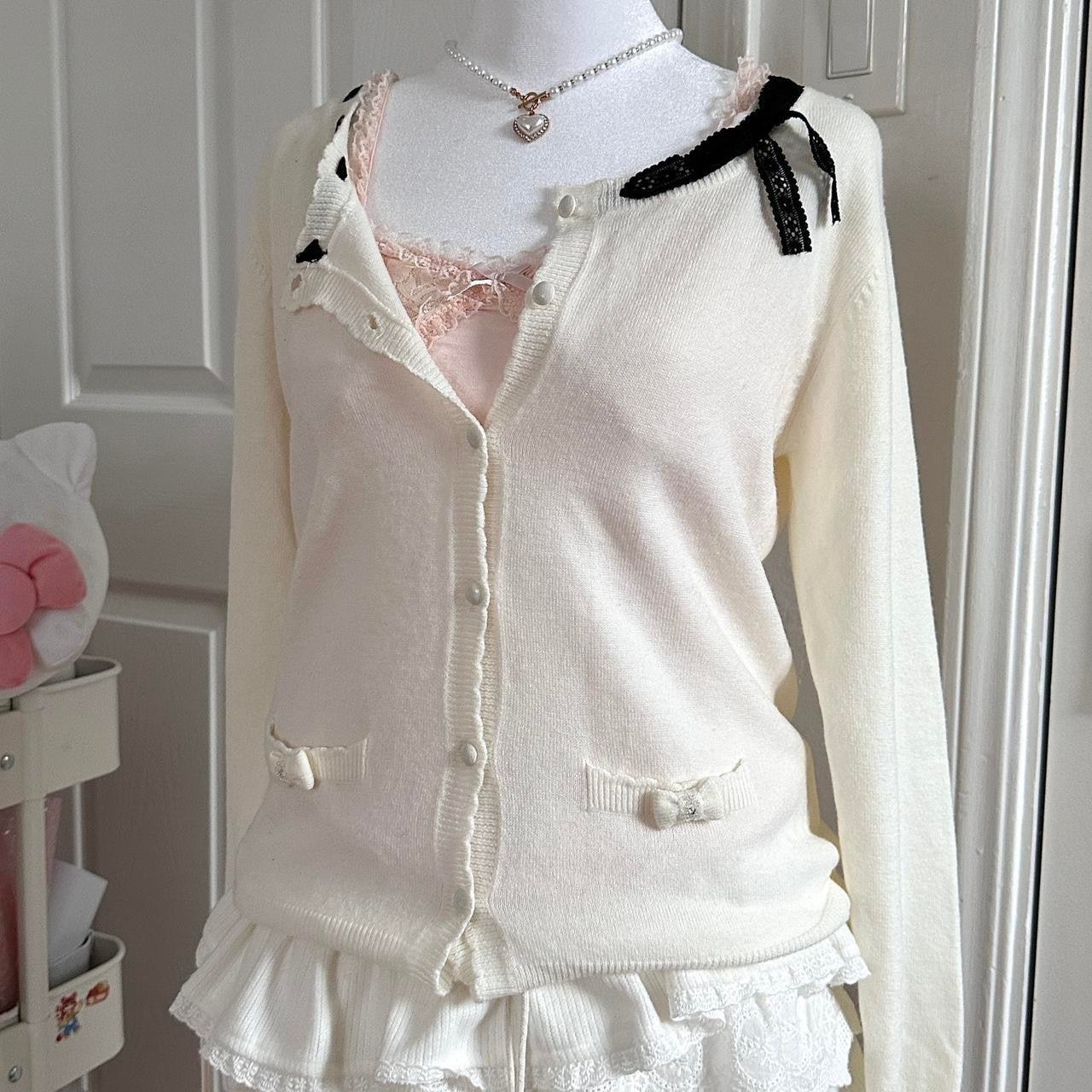 white & black ribbon knitted ribbed cardigan ☆