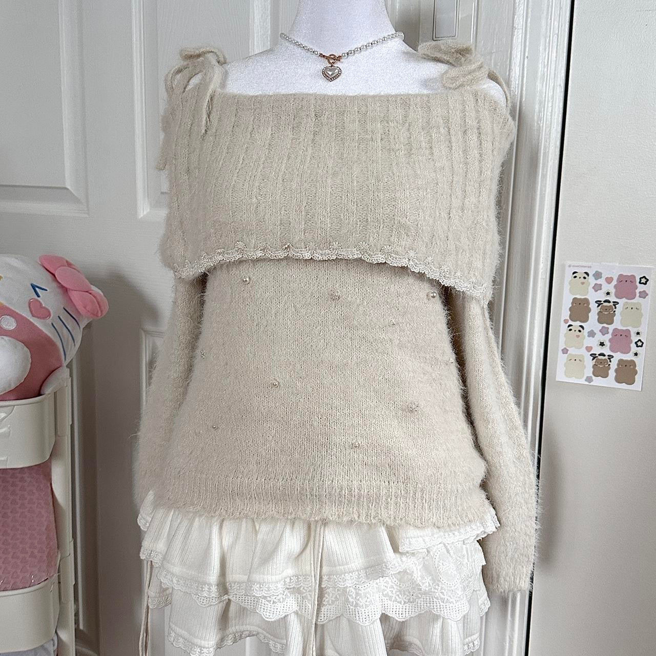 japanese beige angora knitted off shoulder sweater ☆