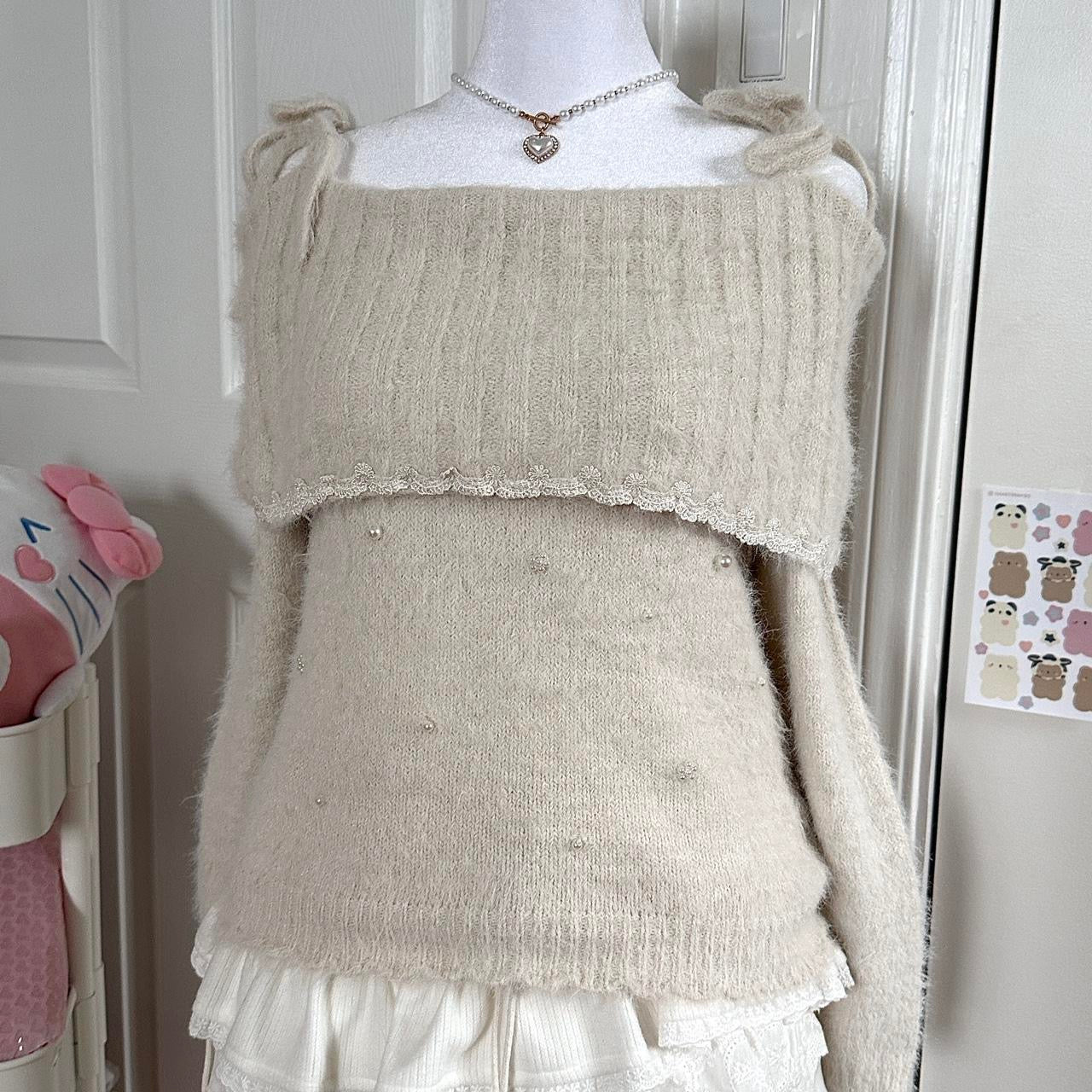 japanese beige angora knitted off shoulder sweater ☆