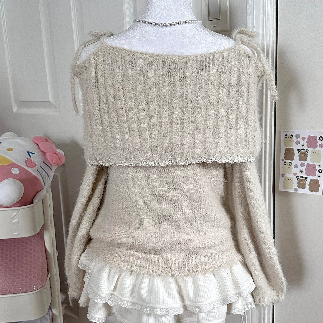 japanese beige angora knitted off shoulder sweater ☆