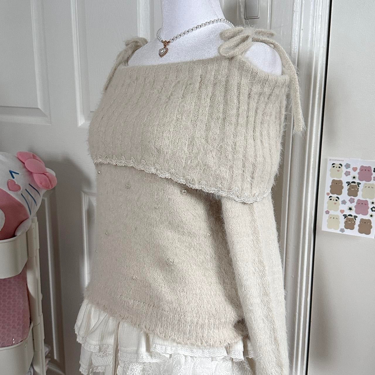 japanese beige angora knitted off shoulder sweater ☆