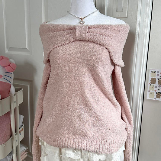 japanese pink fuzzy off the shoulder ribbon sweater ♡